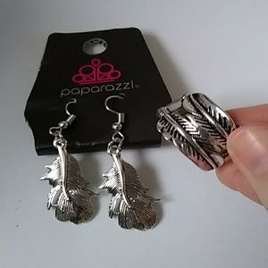 Silver feather ring and earrings